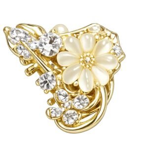 RichMade gold-plated floral crystal mini hair claw clip for women, Elegant pearl flower hair clip with crystal stones for party wear, Luxury floral hair accessory for women with secure claw grip, Gold flower hair claw clip for weddings and festive occasions, RichMade crystal flower mini hair clip for half-up hairstyles
