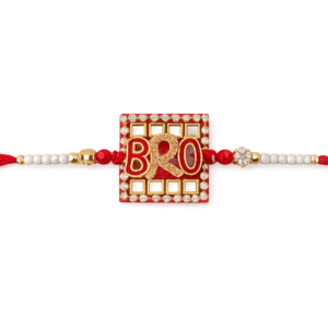 RichMade BRO Designer Rakhi with mirror-style square centerpiece, crystal detailing, and red silk thread for Raksha Bandhan