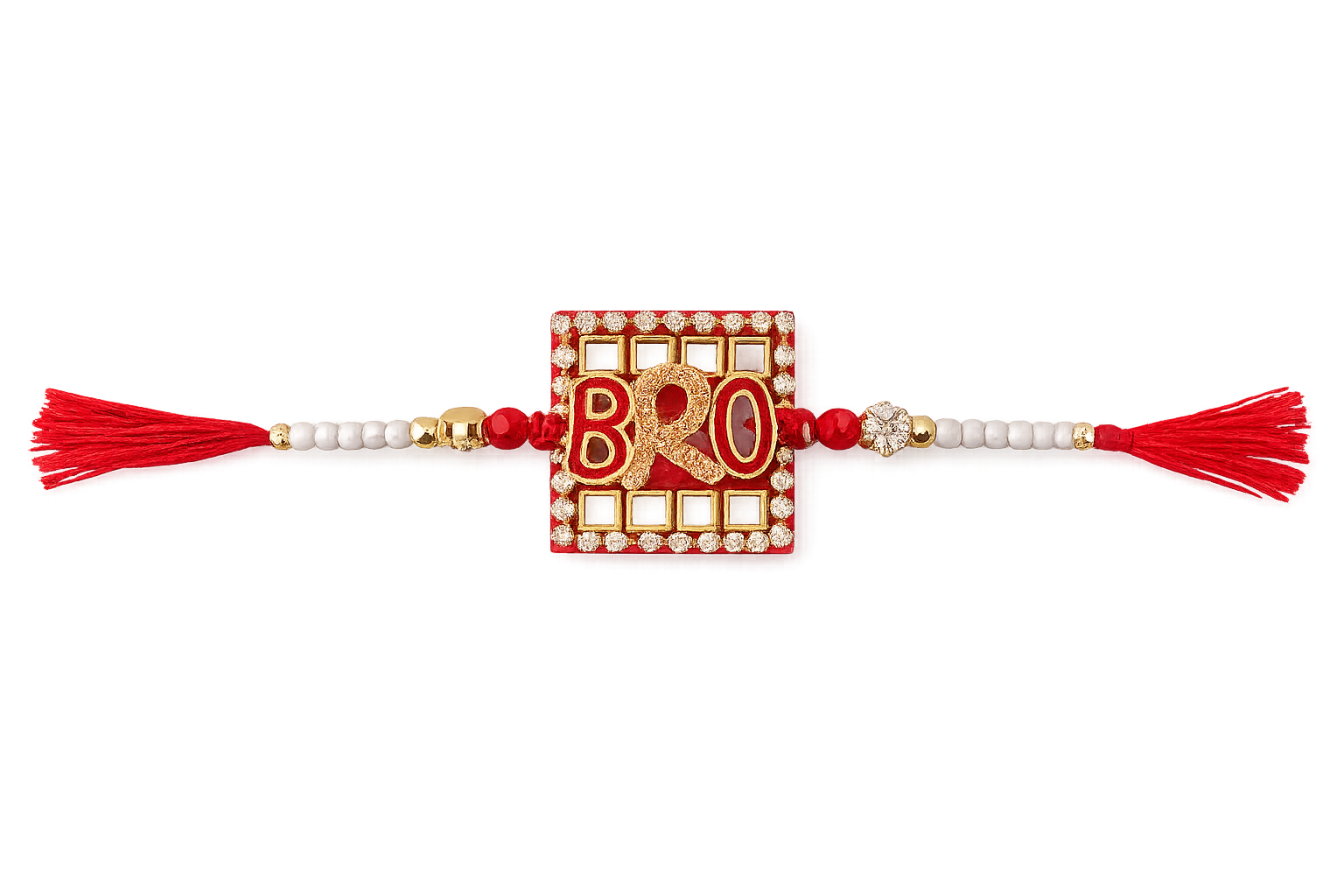 RichMade BRO Designer Rakhi with mirror-style square centerpiece, crystal detailing, and red silk thread for Raksha Bandhan