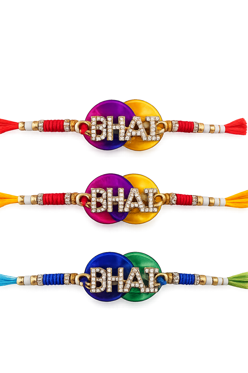 RichMade Premium BHAI Designer Rakhi Combo Pack of 3 with Crystal Letter Design and Silk Threads for Raksha Bandhan
