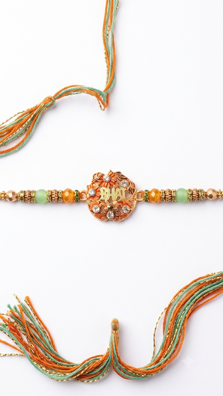 RichMade Premium BHAI Floral Designer Rakhi with crystal floral centerpiece, decorative beads, and multicolour silk thread for Raksha Bandhan