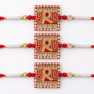 RichMade BRO Designer Rakhi Combo Pack of 3 featuring crystal mirror-style square centerpiece with premium red silk thread for Raksha Bandhan