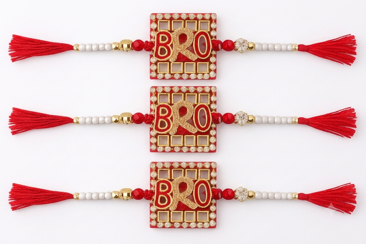 RichMade BRO Designer Rakhi Combo Pack of 3 featuring crystal mirror-style square centerpiece with premium red silk thread for Raksha Bandhan