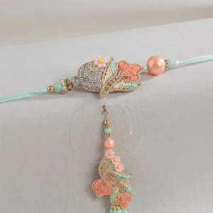 RichMade premium floral Bhai Bhabhi Rakhi Set with matching designer lumba featuring pastel beads, crystal stones, and elegant floral detailing for Raksha Bandhan