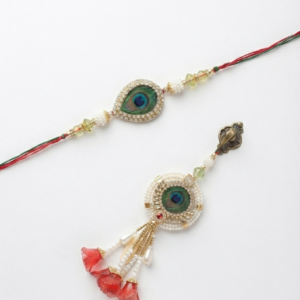 RichMade Bhai Bhabhi Rakhi Set with premium peacock feather designer rakhi for brother and matching pearl lumba for sister-in-law