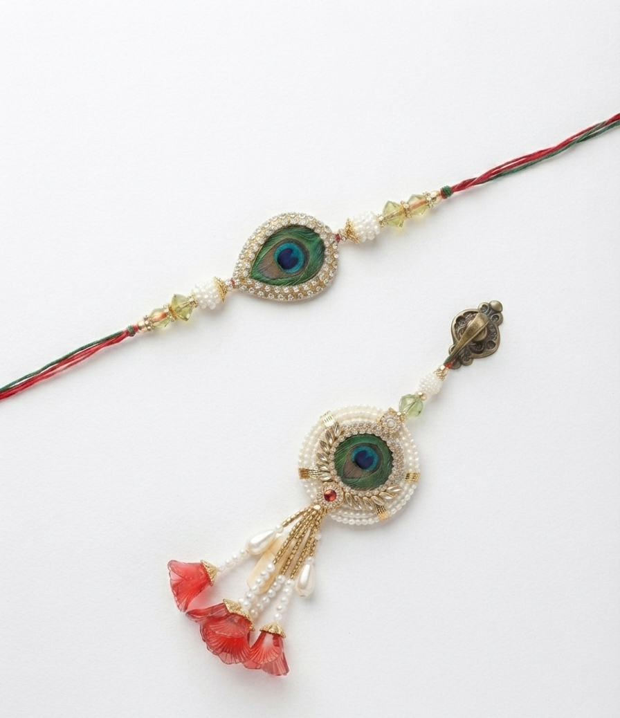 RichMade Bhai Bhabhi Rakhi Set with premium peacock feather designer rakhi for brother and matching pearl lumba for sister-in-law