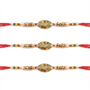 RichMade BROTHER Designer Rakhi Pack of 3 with premium BROTHER centerpiece, pearl accents, metallic beads, and red silk thread for Raksha Bandhan