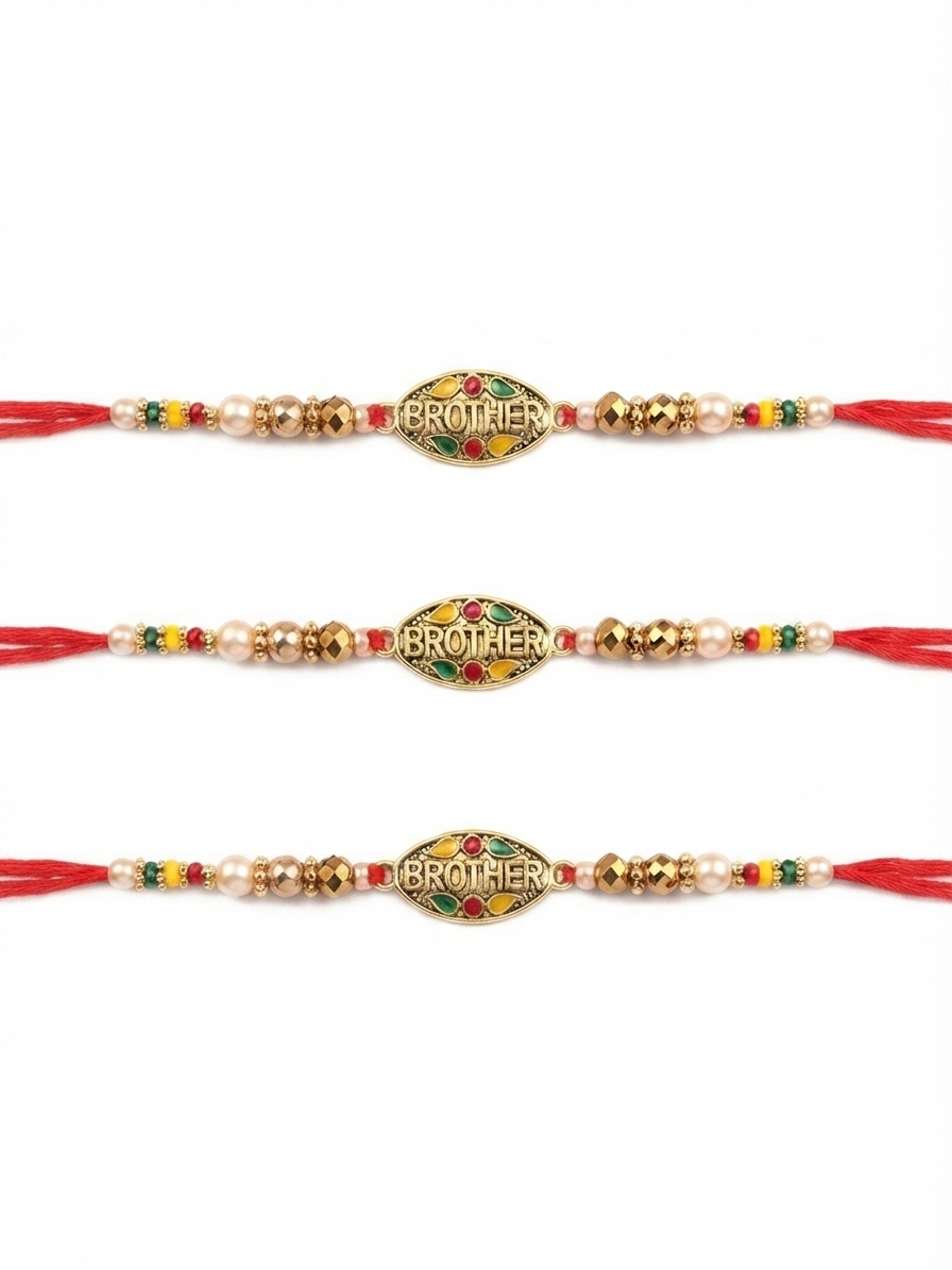 RichMade BROTHER Designer Rakhi Pack of 3 with premium BROTHER centerpiece, pearl accents, metallic beads, and red silk thread for Raksha Bandhan