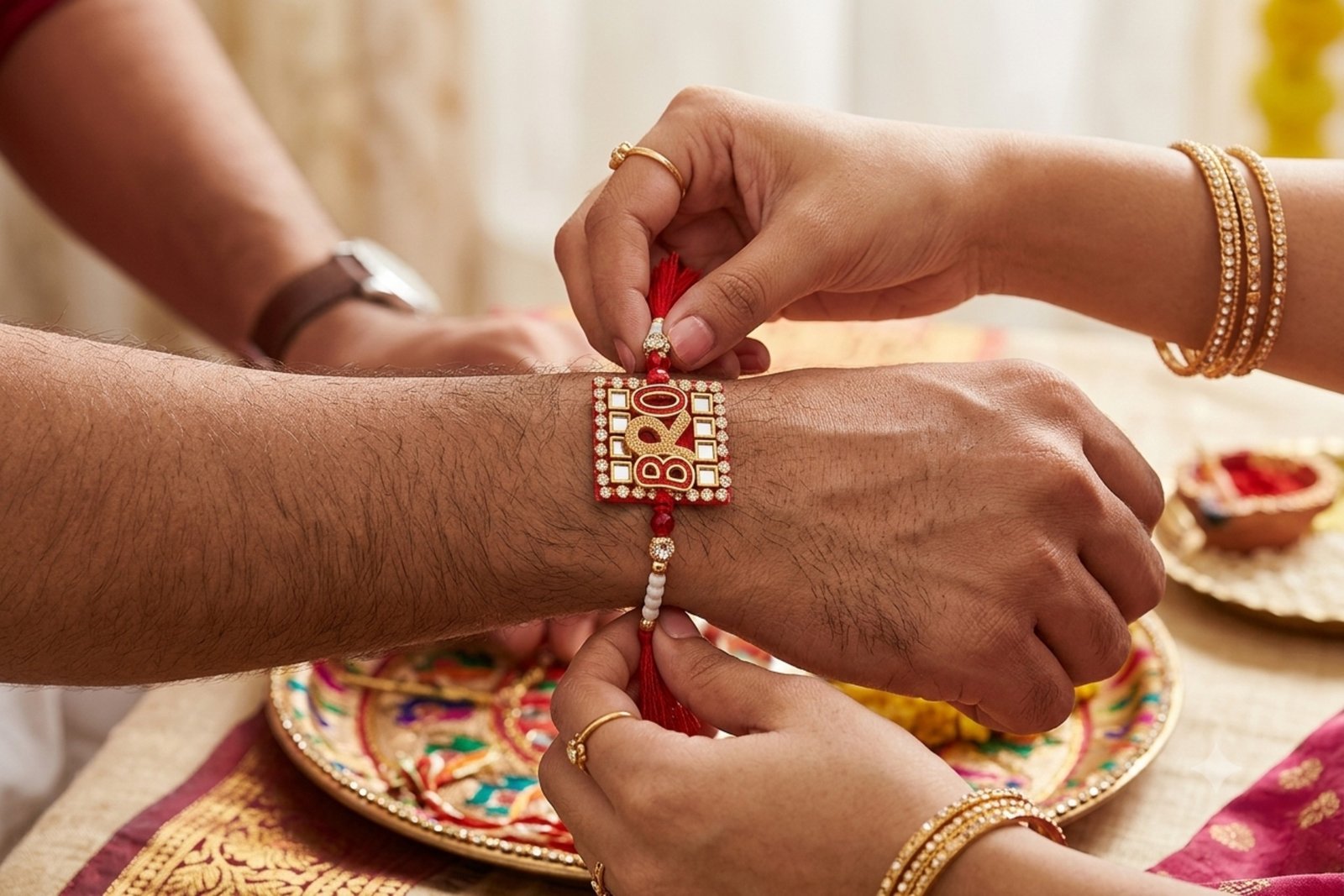 RichMade BRO Designer Rakhi Combo Pack of 3 featuring crystal mirror-style square centerpiece with premium red silk thread for Raksha Bandhan