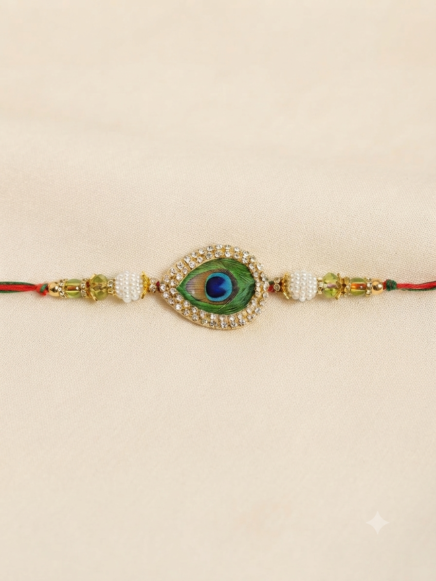 RichMade Bhai Bhabhi Rakhi Set with premium peacock feather designer rakhi for brother and matching pearl lumba for sister-in-law