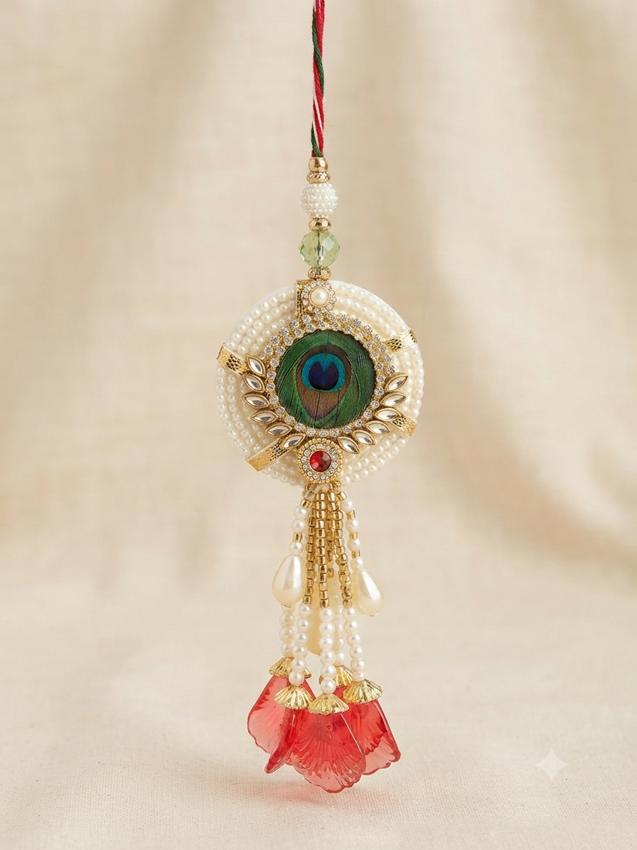 RichMade Bhai Bhabhi Rakhi Set with premium peacock feather designer rakhi for brother and matching pearl lumba for sister-in-law