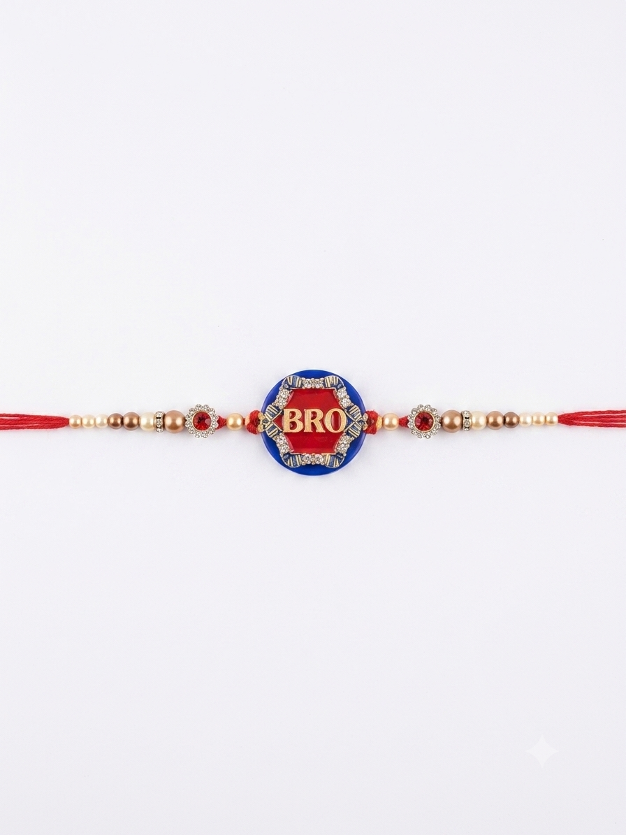 RichMade Premium BRO Designer Rakhi with crystal stone centerpiece, pearl beads, and red silk thread for Raksha Bandhan