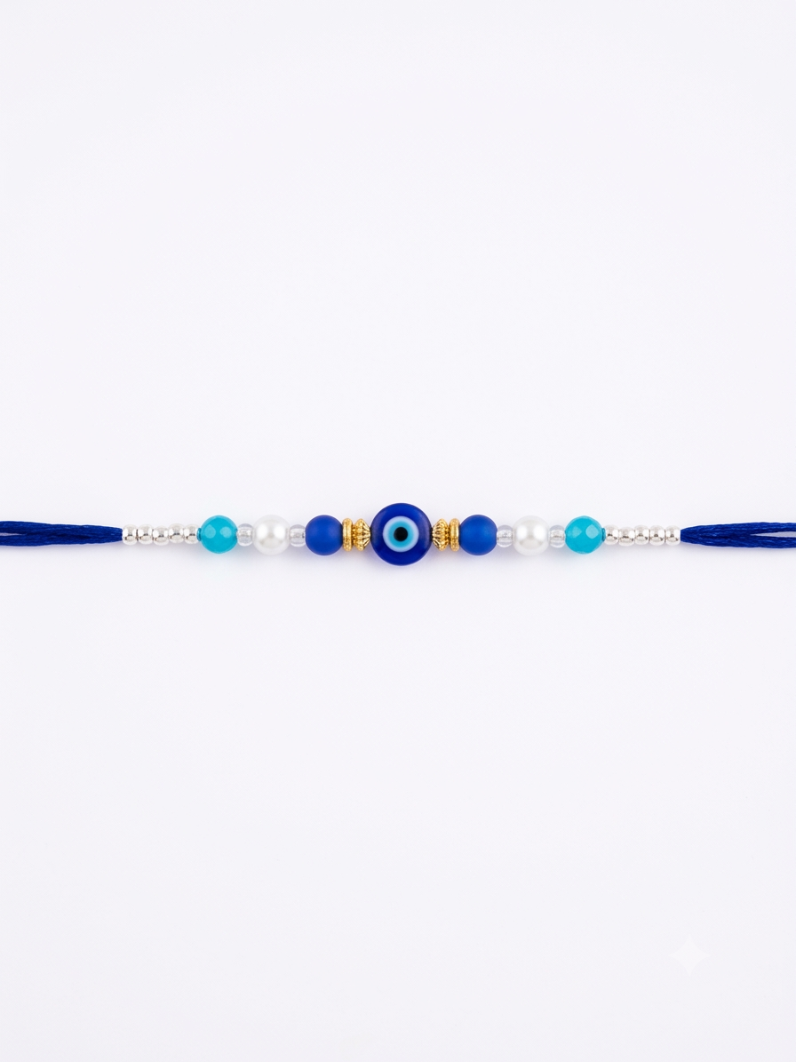 RichMade Evil Eye Rakhi for Brother with blue Nazar bead, pearl accents, and royal blue silk thread for Raksha Bandhan