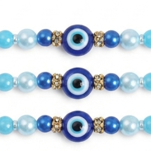 RichMade Evil Eye Rakhi Combo Pack of 3 featuring blue Nazar beads, pearls, and royal blue silk thread for Raksha Bandhan