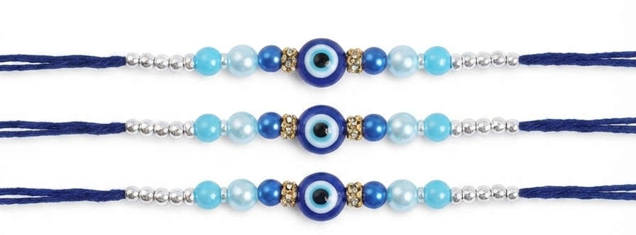 RichMade Evil Eye Rakhi Combo Pack of 3 featuring blue Nazar beads, pearls, and royal blue silk thread for Raksha Bandhan