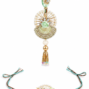 RichMade mint green pearl Bhai Bhabhi Rakhi set with matching designer lumba for Raksha Bandhan.