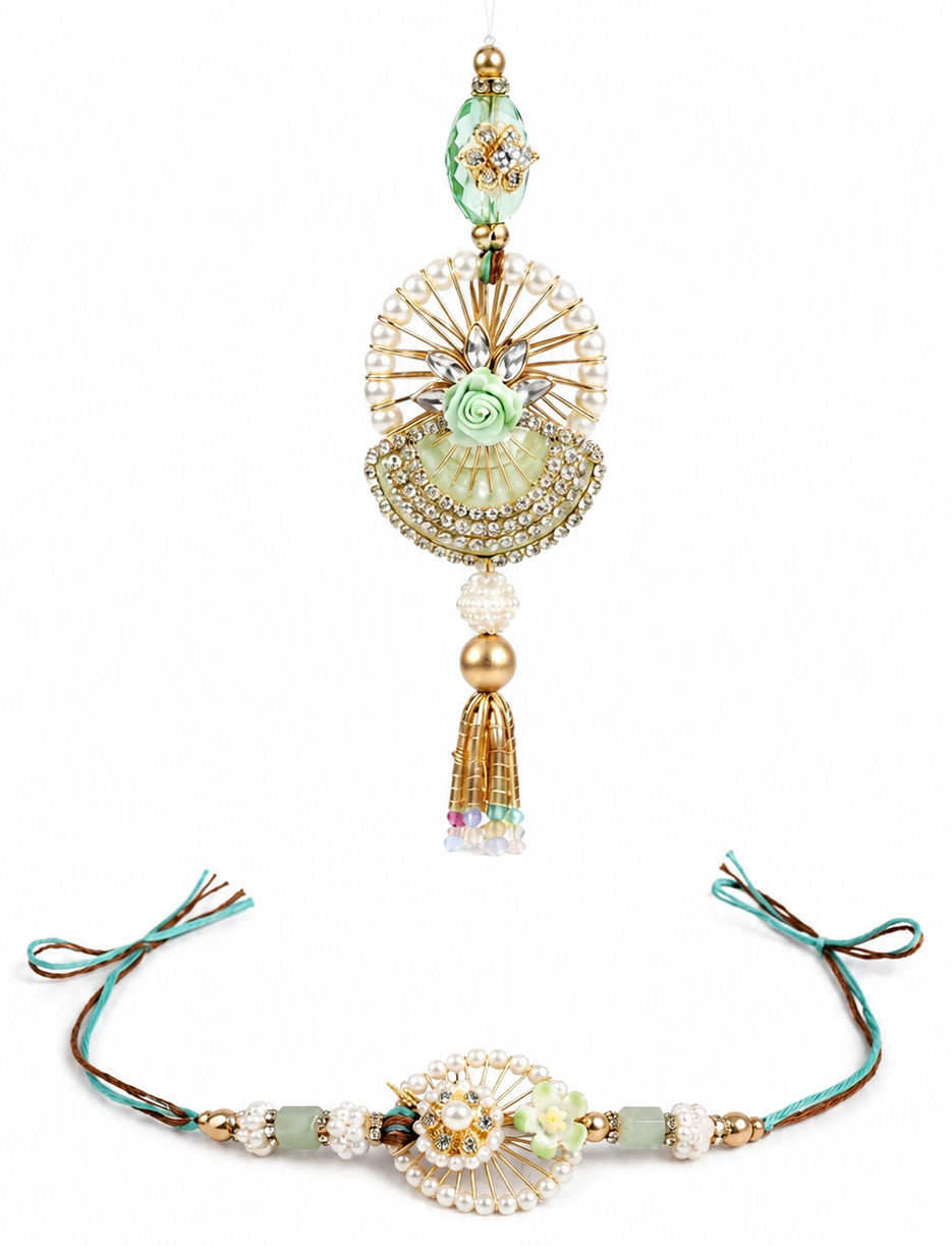 RichMade mint green pearl Bhai Bhabhi Rakhi set with matching designer lumba for Raksha Bandhan.