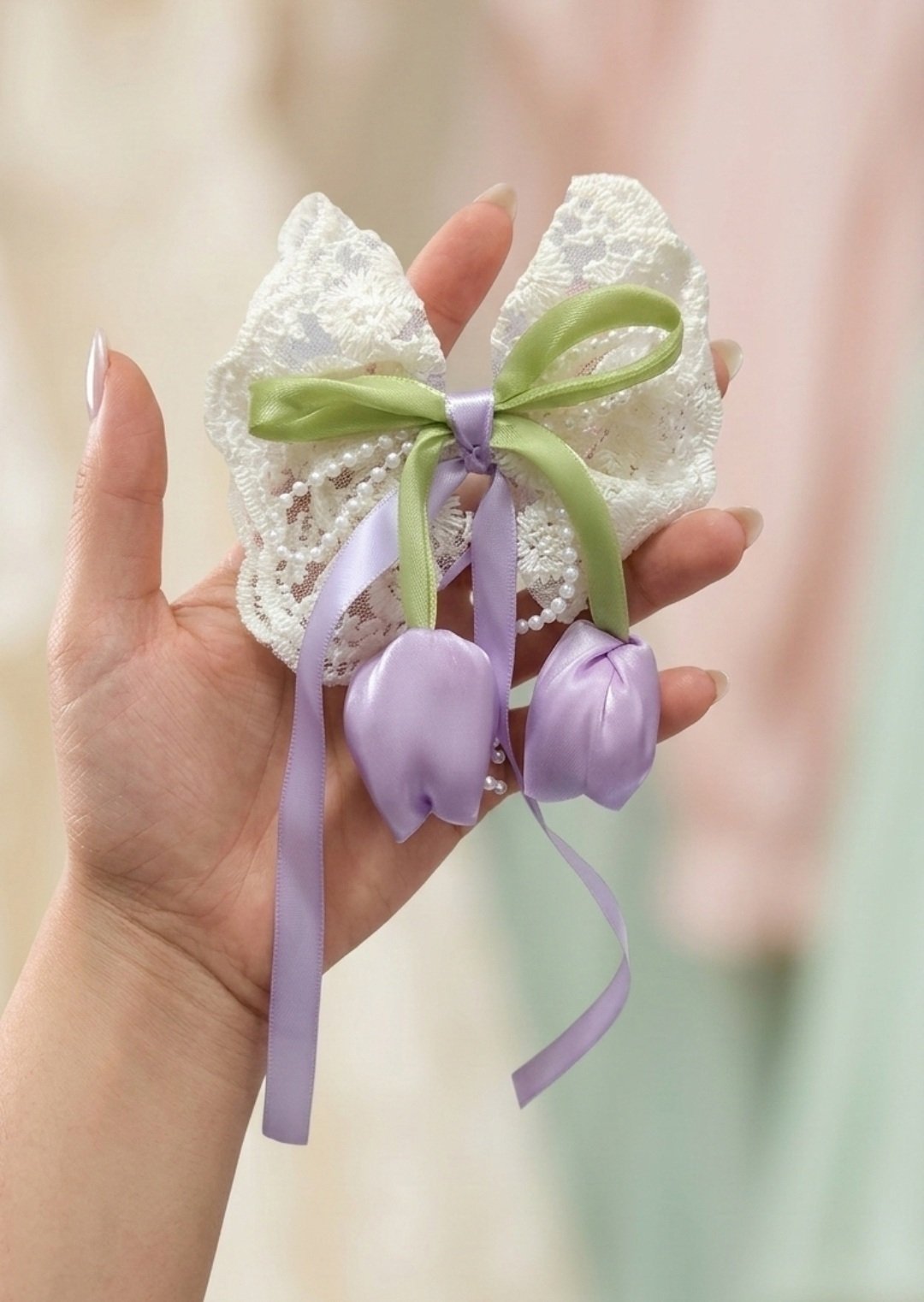 Cream tulip lace bow scrunchie with ribbon and pearl detailing