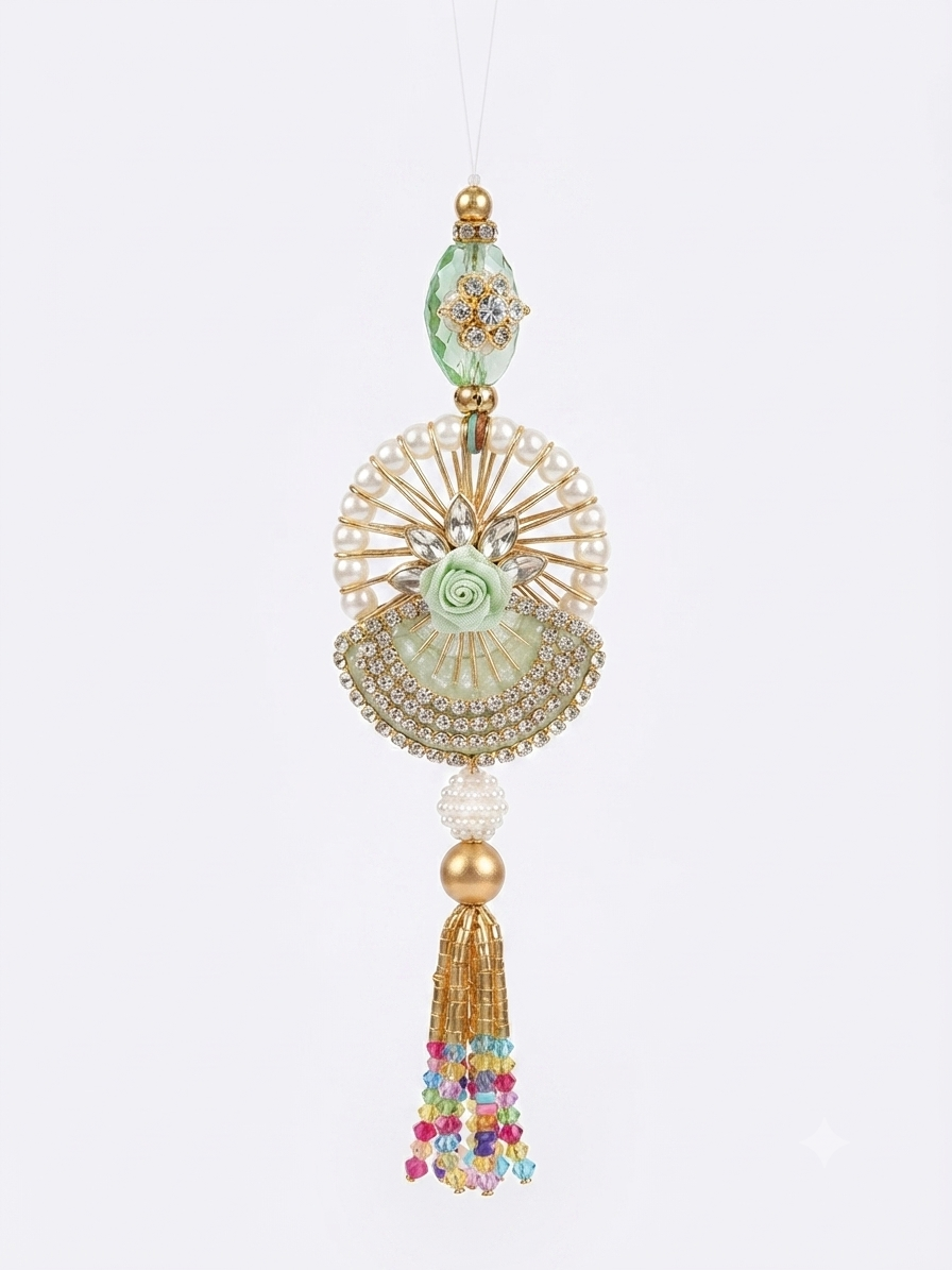 Elegant mint green lumba featuring pearls, floral accents and decorative tassel for sister-in-law.