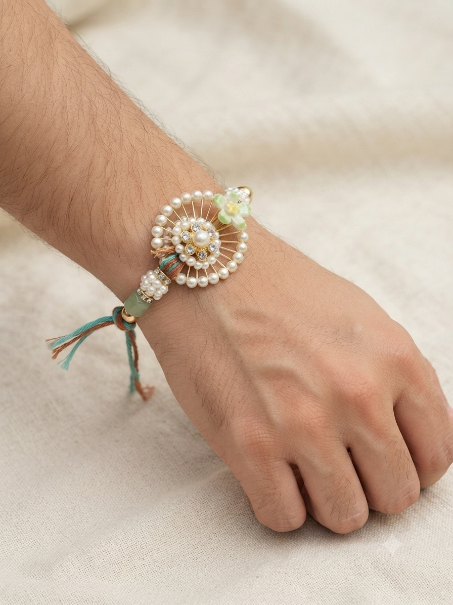 Luxury mint green Bhai Bhabhi Rakhi set with pearl work and matching lumba displayed for festive gifting.