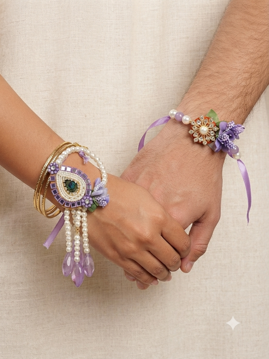 RichMade purple peacock Bhai Bhabhi Rakhi set with matching designer lumba for Raksha Bandhan.