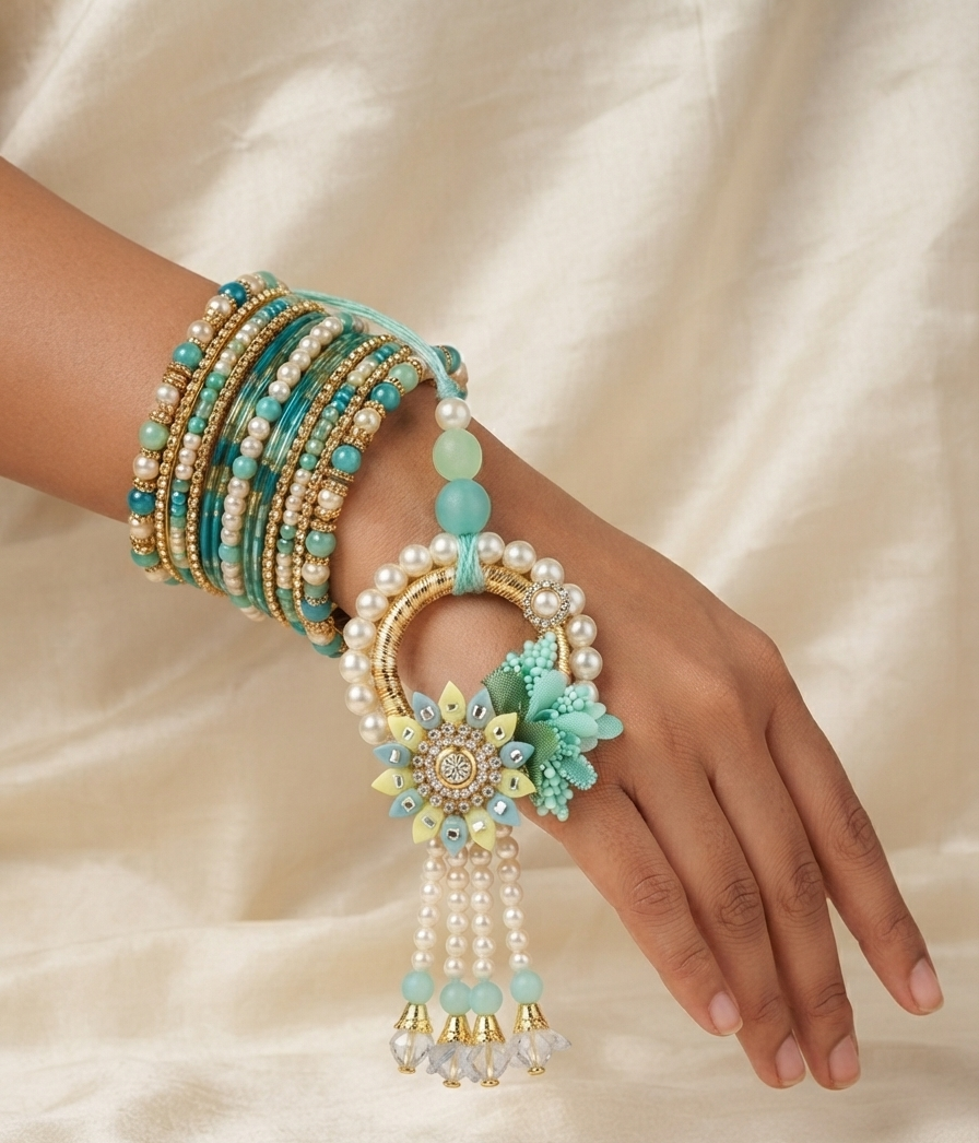 Premium handcrafted Mint Green Floral Bhai Bhabhi Rakhi and matching designer lumba gift set by RichMade.