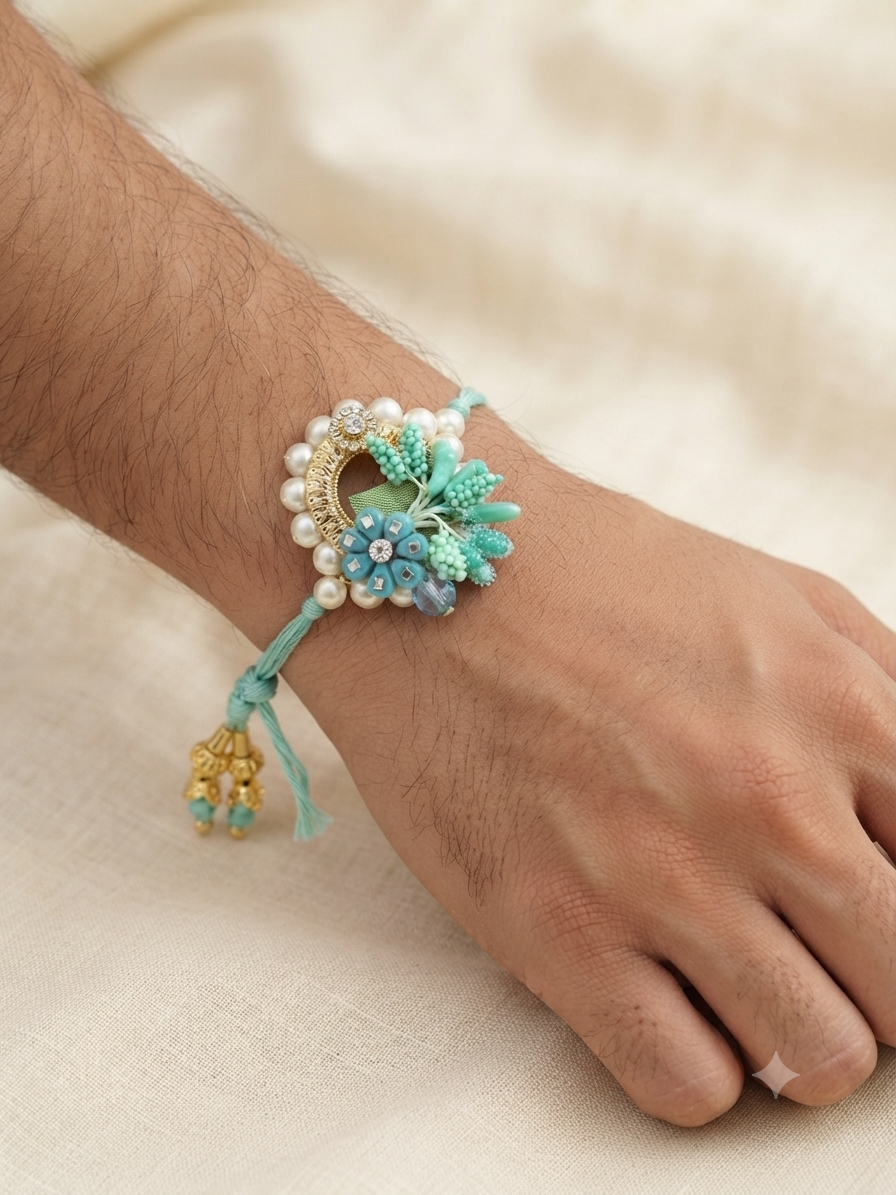 Brother wearing the mint green designer rakhi and bhabhi wearing the matching floral pearl lumba during Raksha Bandhan.