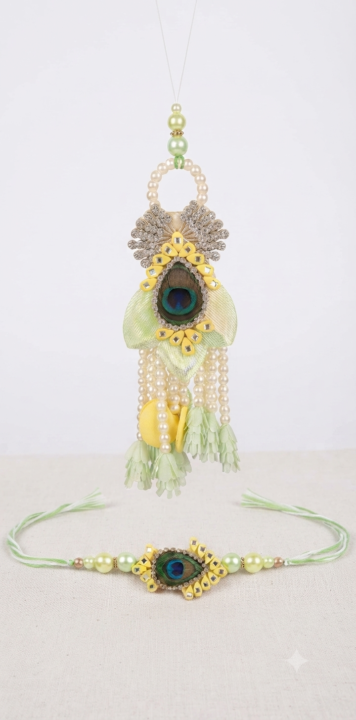 RichMade peacock Bhai Bhabhi Rakhi set featuring a handcrafted peacock feather rakhi for brother and matching pearl tassel designer lumba for sister-in-law.