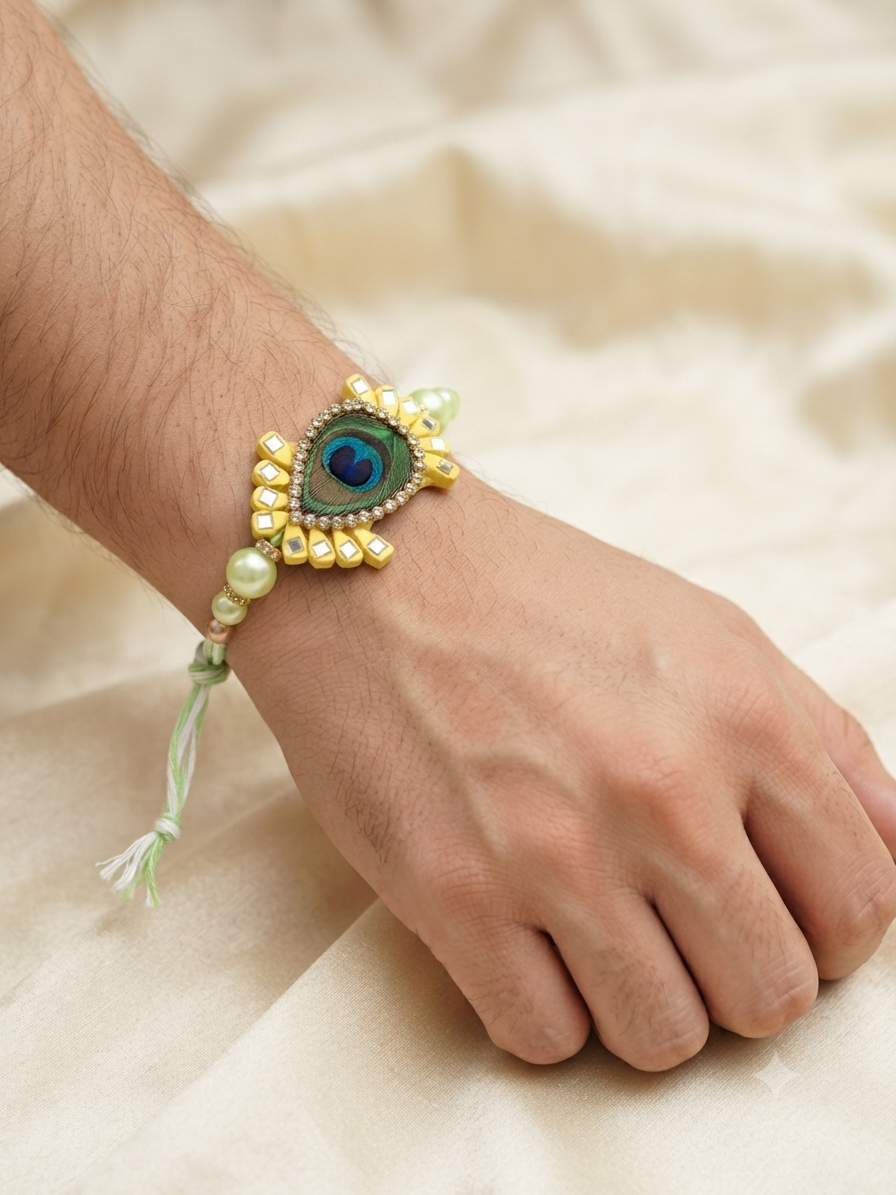 Elegant peacock-themed Bhai Bhabhi Rakhi gift set with designer rakhi and matching lumba, perfect for Raksha Bandhan celebrations.