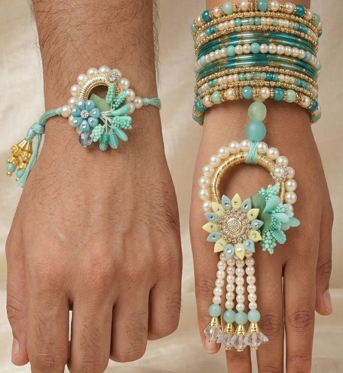 RichMade mint green floral Bhai Bhabhi Rakhi set with matching designer pearl lumba for Raksha Bandhan.