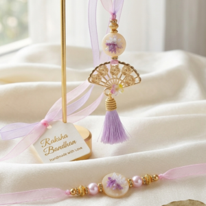 Premium handcrafted lavender floral Bhai Bhabhi Rakhi and matching designer lumba gift set by RichMade.