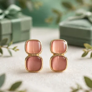 Rose pink cat-eye double square stud earrings
