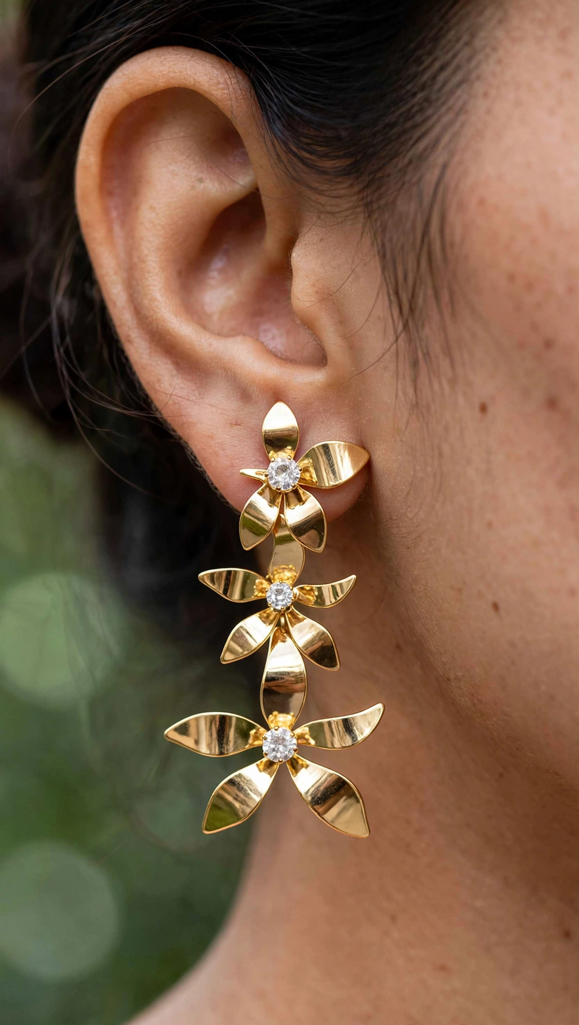 Triple Flower Rhinestone Drop Earrings worn by women by RichMade
