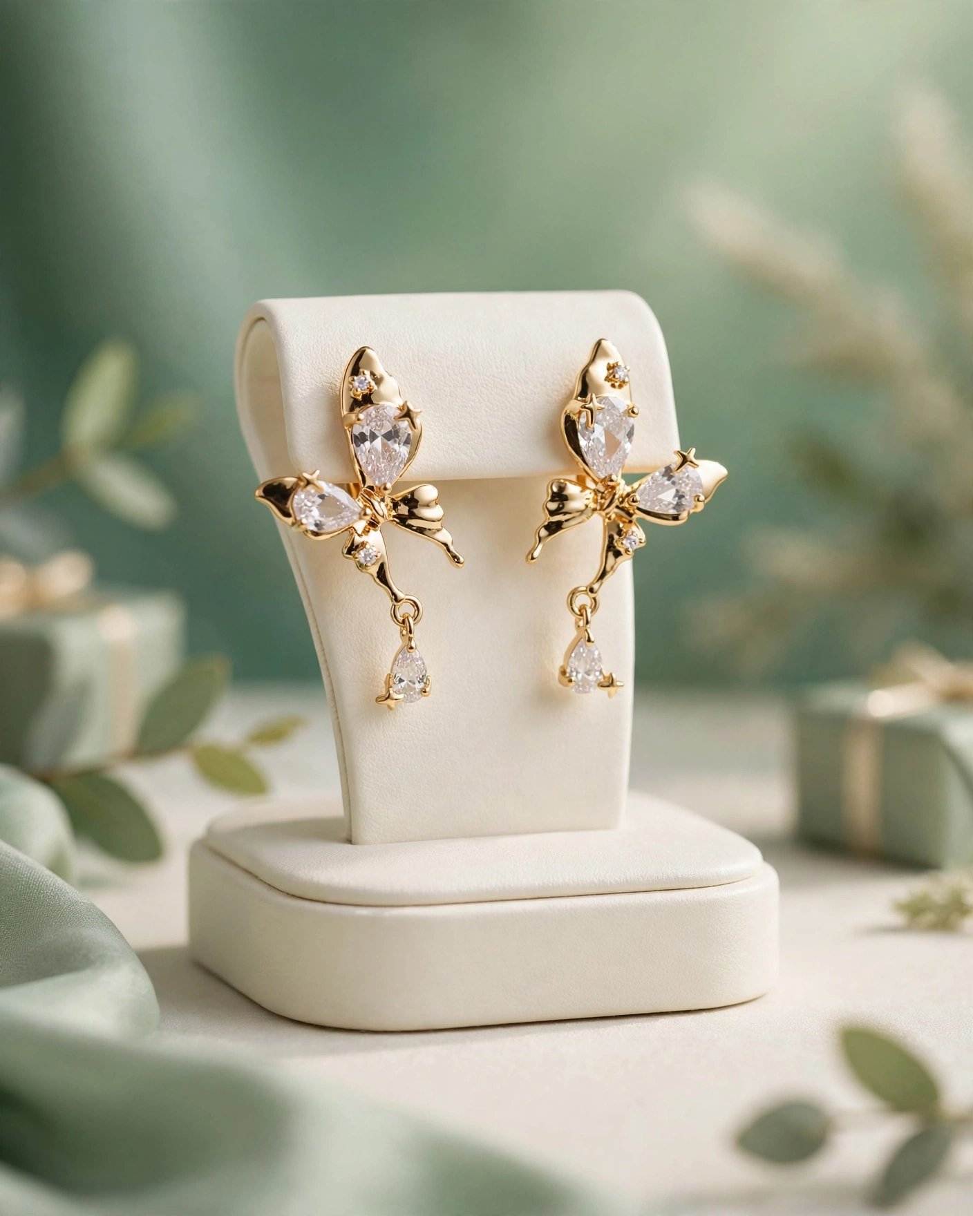 Gold butterfly crystal drop earrings for women