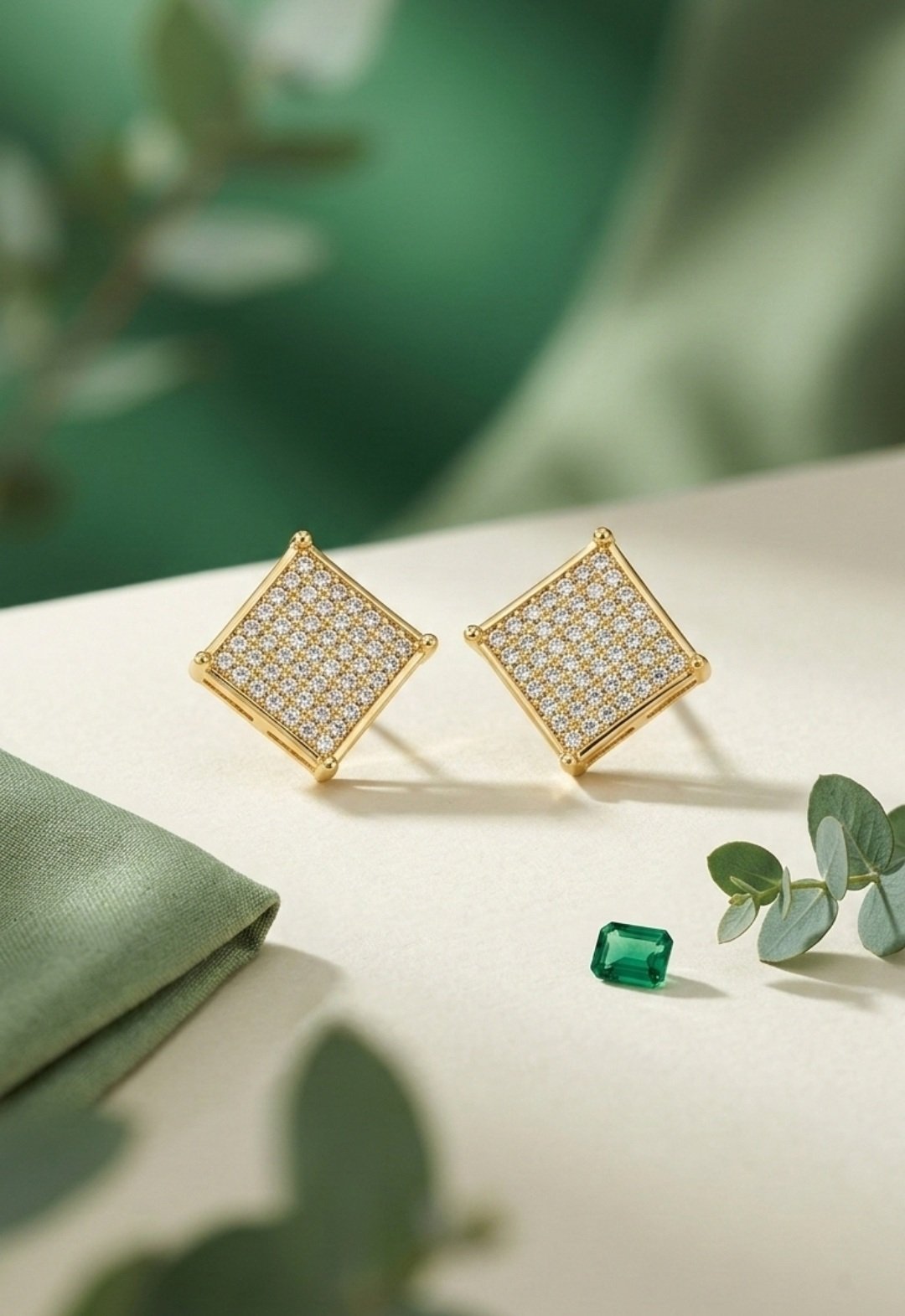Gold square crystal stud earrings for women