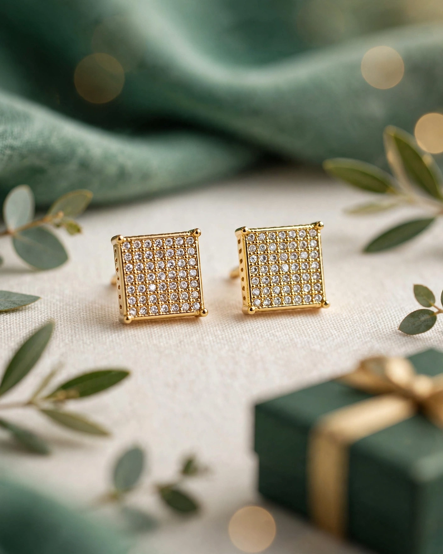 Gold square crystal stud earrings on a cream surface